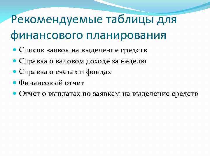 Рекомендуемые таблицы для финансового планирования Список заявок на выделение средств Справка о валовом доходе