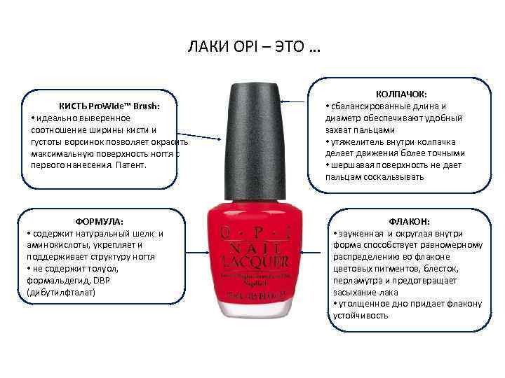ЛАКИ OPI – ЭТО … КИСТЬ Pro. Wide™ Brush: • идеально выверенное соотношение ширины