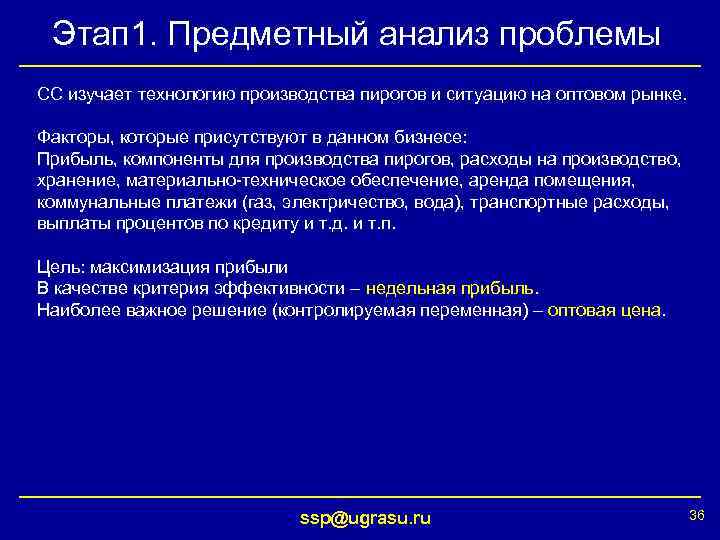 Этап 1. Предметный анализ проблемы СС изучает технологию производства пирогов и ситуацию на оптовом