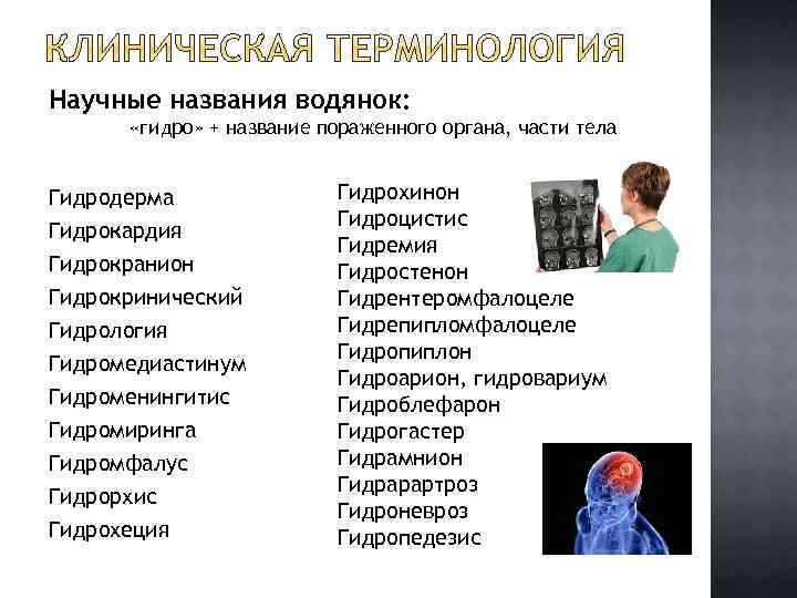 Научные названия водянок: «гидро» + название пораженного органа, части тела Гидродерма Гидрокардия Гидрокранион Гидрокринический