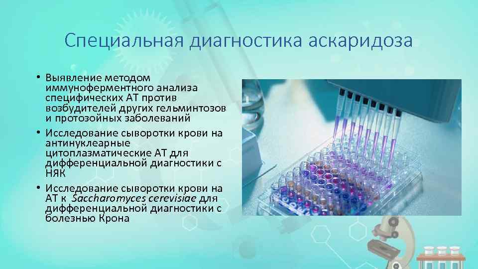 Специальная диагностика аскаридоза • Выявление методом иммуноферментного анализа специфических АТ против возбудителей других гельминтозов