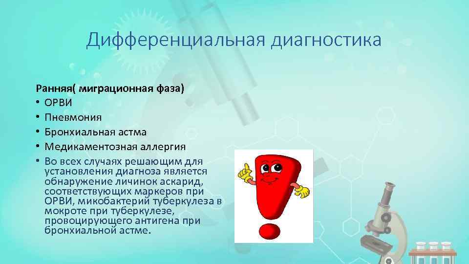 Дифференциальная диагностика Ранняя( миграционная фаза) • ОРВИ • Пневмония • Бронхиальная астма • Медикаментозная