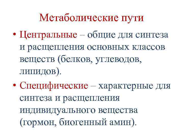 Метаболические пути • Центральные – общие для синтеза и расщепления основных классов веществ (белков,