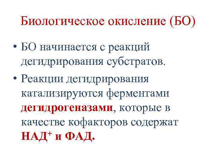 Биологическое окисление (БО) • БО начинается с реакций дегидрирования субстратов. • Реакции дегидрирования катализируются