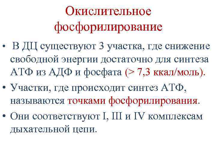 Окислительное фосфорилирование • В ДЦ существуют 3 участка, где снижение свободной энергии достаточно для