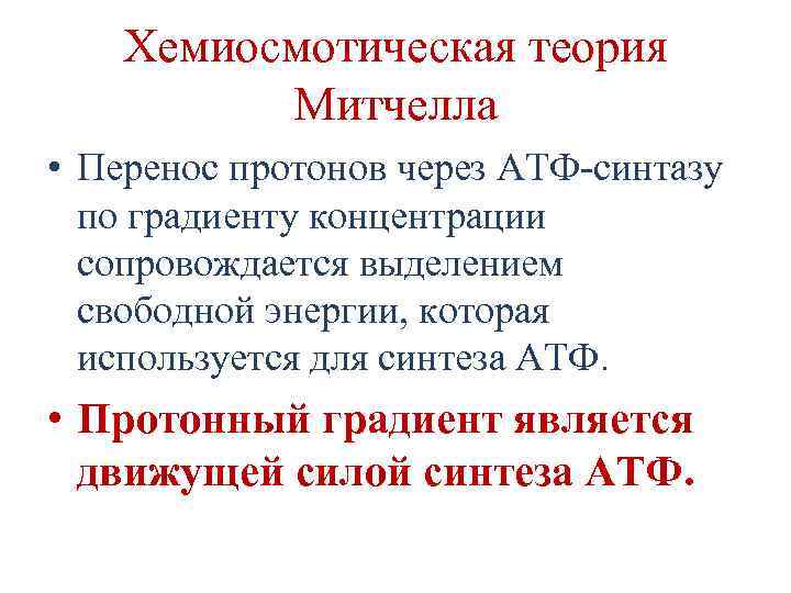 Хемиосмотическая теория Митчелла • Перенос протонов через АТФ-синтазу по градиенту концентрации сопровождается выделением свободной