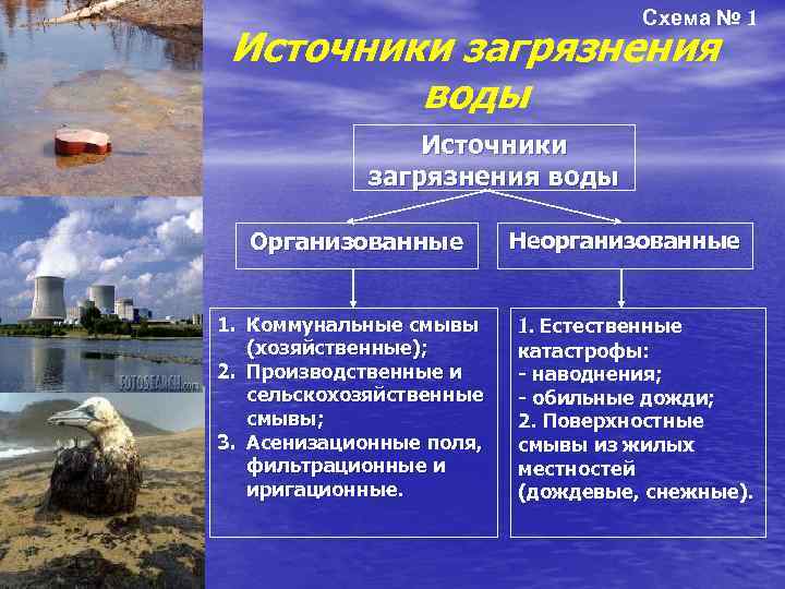 Схема № 1 Источники загрязнения воды Организованные 1. Коммунальные смывы (хозяйственные); 2. Производственные и