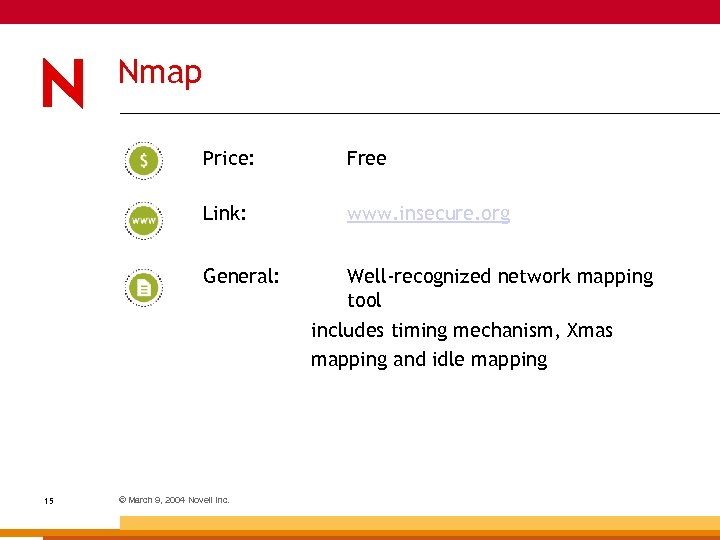 Nmap Price: Free Link: www. insecure. org General: 15 © March 9, 2004 Novell