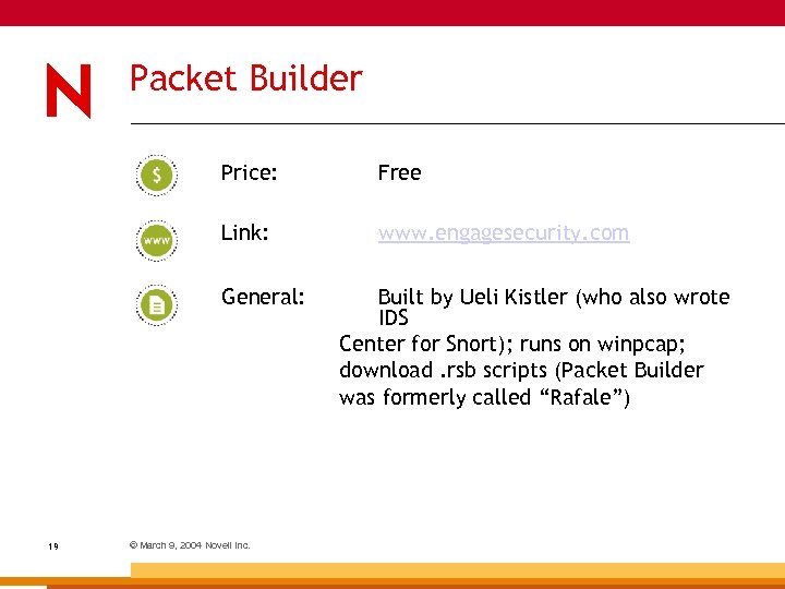 Packet Builder Price: Free Link: www. engagesecurity. com General: 19 © March 9, 2004