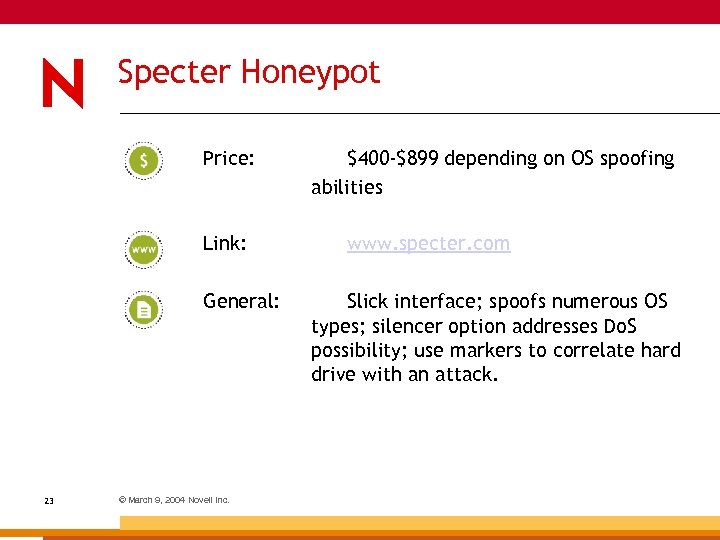 Specter Honeypot Price: Link: General: 23 © March 9, 2004 Novell Inc. $400 -$899