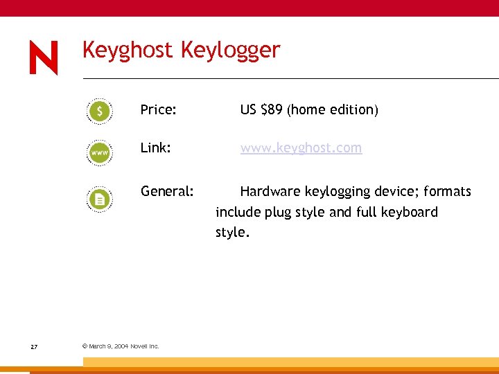Keyghost Keylogger Price: US $89 (home edition) Link: www. keyghost. com General: 27 ©