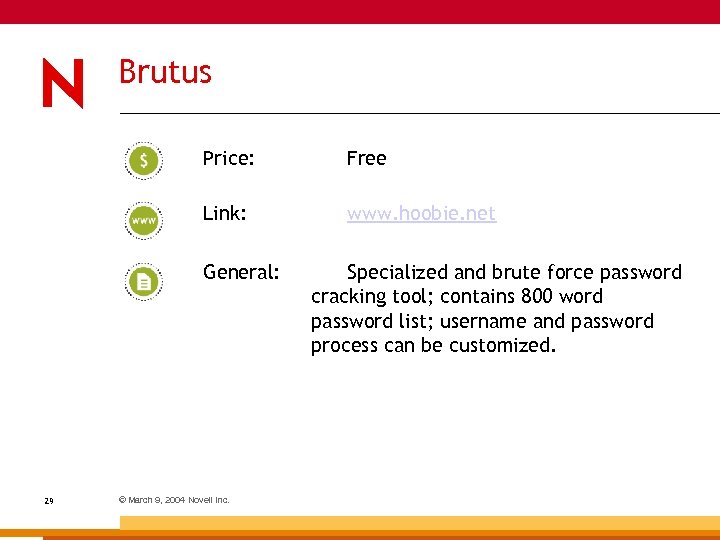 Brutus Price: Free Link: www. hoobie. net General: 29 © March 9, 2004 Novell