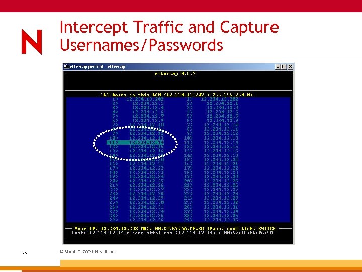 Intercept Traffic and Capture Usernames/Passwords 36 © March 9, 2004 Novell Inc. 