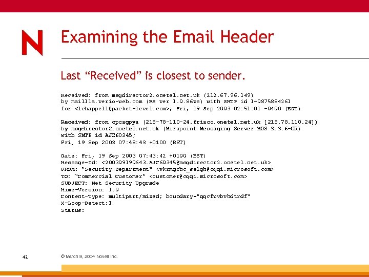 Examining the Email Header Last “Received” is closest to sender. Received: from msgdirector 2.