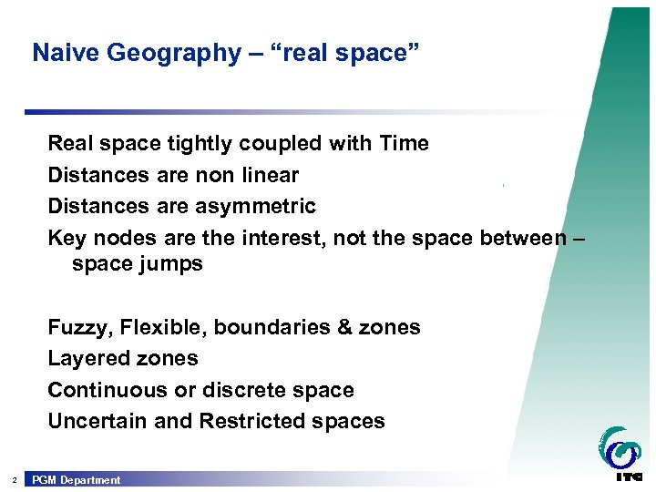 Naive Geography – “real space” Real space tightly coupled with Time Distances are non