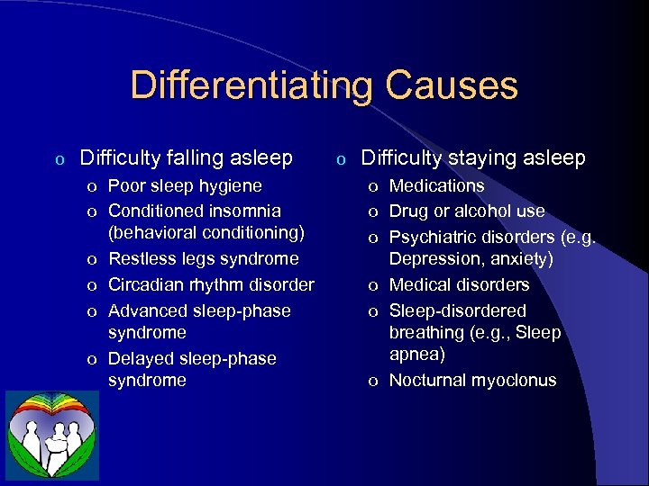 Differentiating Causes o Difficulty falling asleep o Difficulty staying asleep o Poor sleep hygiene