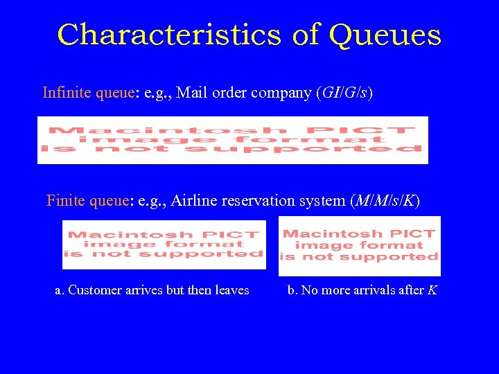 Characteristics of Queues Infinite queue: e. g. , Mail order company (GI/G/s) Finite queue: