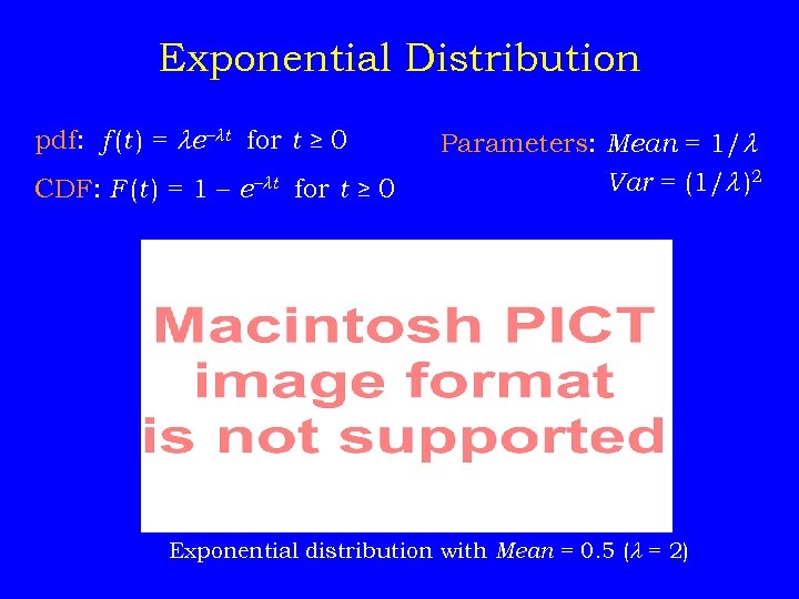 Exponential Distribution pdf: f (t ) = e– t for t ≥ 0 CDF: