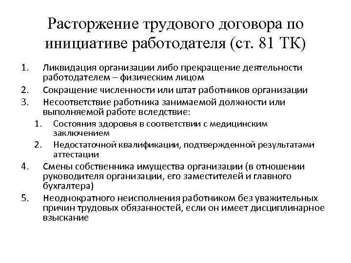 Расторжение трудового договора по инициативе работодателя (ст. 81 ТК) 1. 2. 3. 4. 5.
