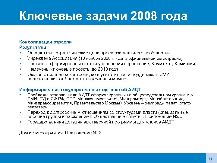 Ключевые задачи 2008 года Консолидация отрасли Результаты: Определены стратегические цели профессионального сообщества Учреждена Ассоциация