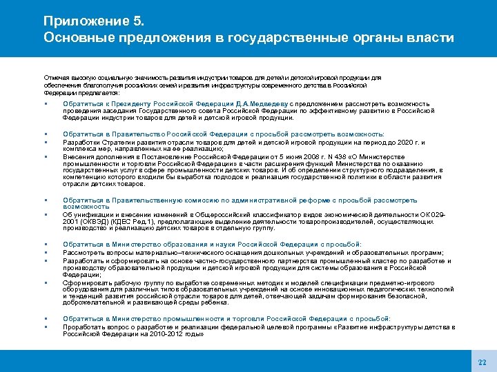 Приложение 5. Основные предложения в государственные органы власти Отмечая высокую социальную значимость развития индустрии