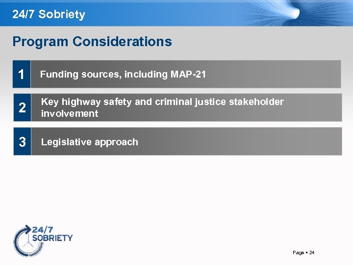 24/7 Sobriety Program Considerations 1 Funding sources, including MAP-21 2 Key highway safety and