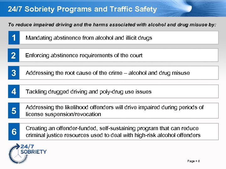 24/7 Sobriety Programs and Traffic Safety To reduce impaired driving and the harms associated