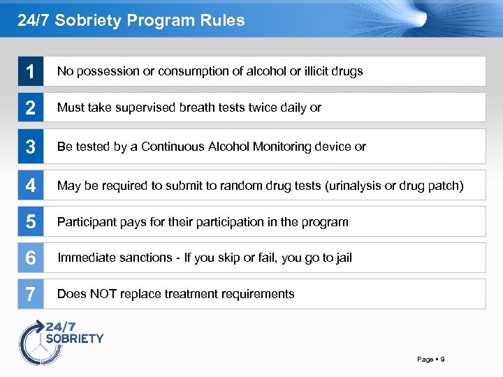 24/7 Sobriety Program Rules 1 No possession or consumption of alcohol or illicit drugs