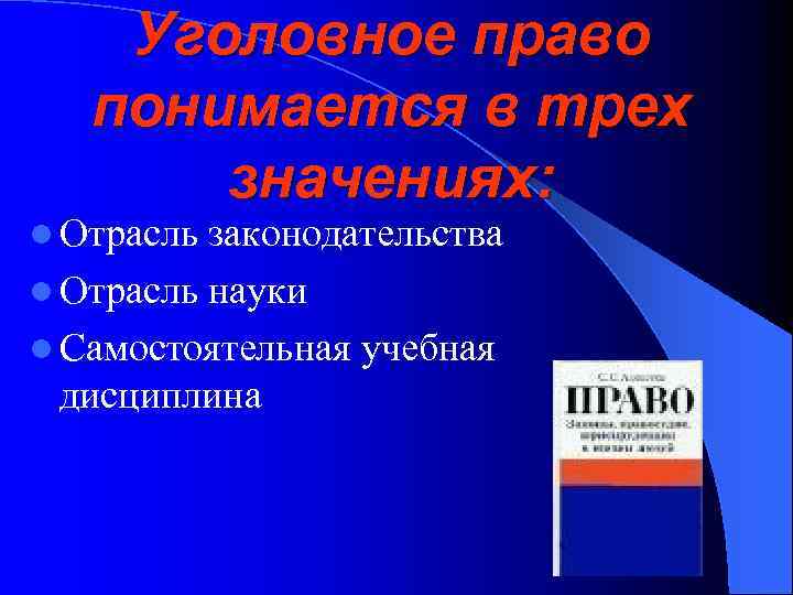 Уголовное право понимается в трех значениях: l Отрасль законодательства l Отрасль науки l Самостоятельная