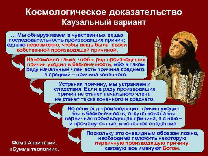 Космологическое доказательство Каузальный вариант … Мы обнаруживаем в чувственных вещах последовательность производящих причин; однако