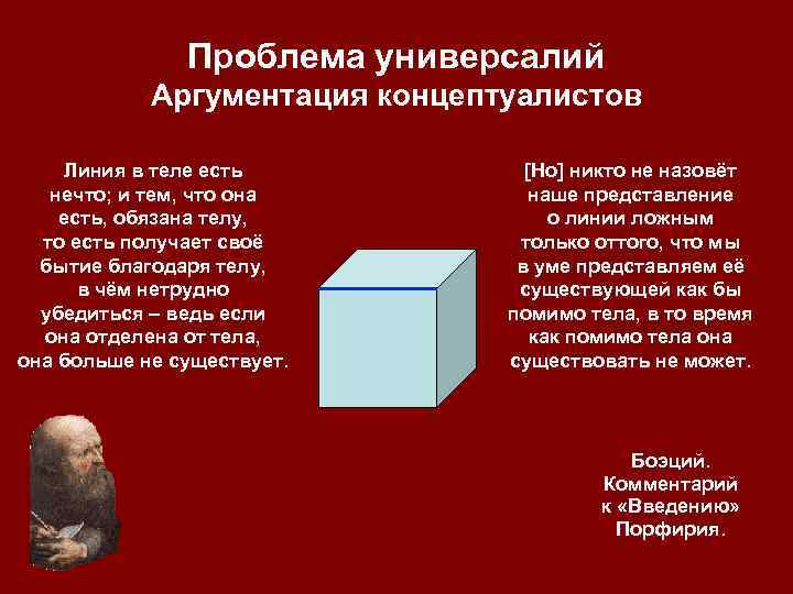 Проблема универсалий Аргументация концептуалистов Линия в теле есть нечто; и тем, что она есть,