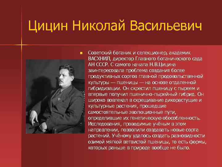 Цицин Николай Васильевич n Советский ботаник и селекционер, академик ВАСХНИЛ, директор Главного ботанического сада