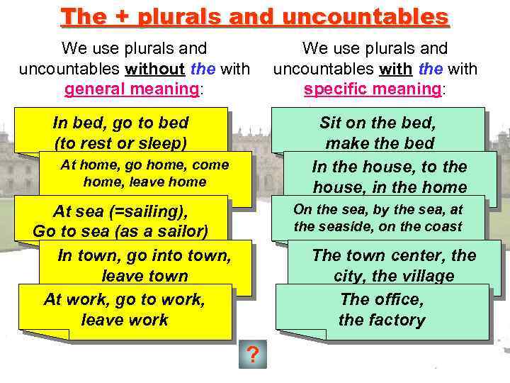 The + plurals and uncountables We use plurals and uncountables without the with general