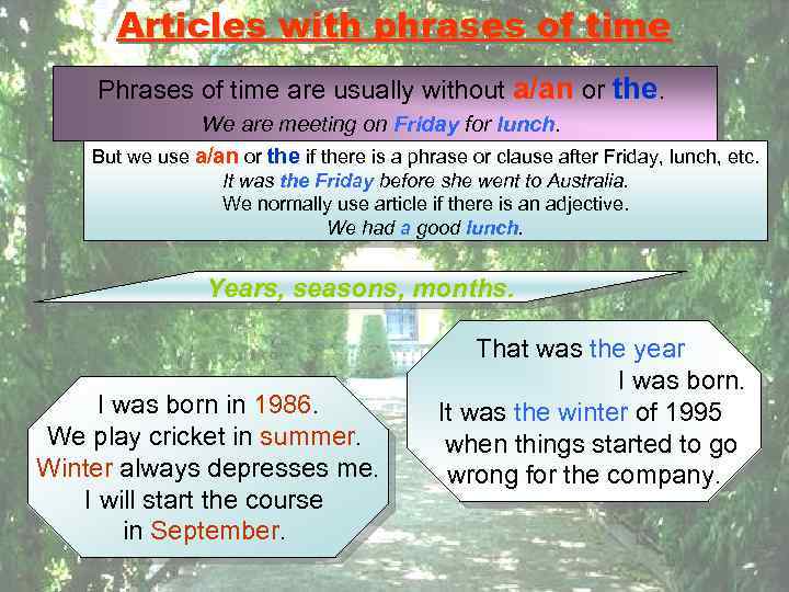 Articles with phrases of time Phrases of time are usually without a/an or the.