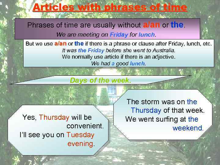 Articles with phrases of time Phrases of time are usually without a/an or the.