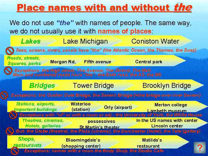 Place names with and without the We do not use “the” with names of