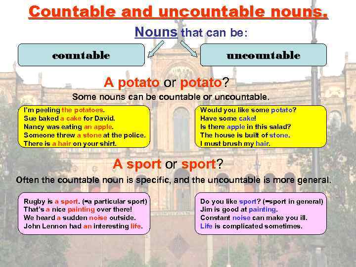 Countable and uncountable nouns. Nouns that can be: countable uncountable A potato or potato?