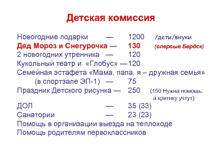 Детская комиссия Новогодние подарки — 1200 /дети/внуки Дед Мороз и Снегурочка — 130 (впервые