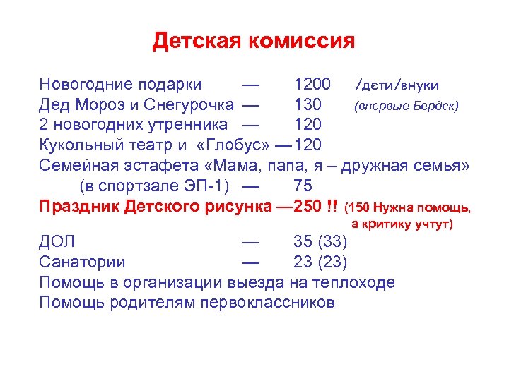 Детская комиссия Новогодние подарки — 1200 /дети/внуки Дед Мороз и Снегурочка — 130 (впервые