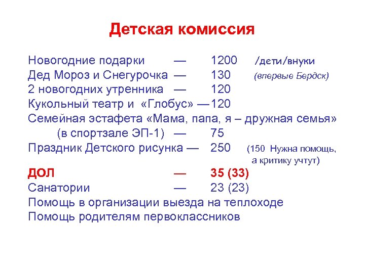 Детская комиссия Новогодние подарки — 1200 /дети/внуки Дед Мороз и Снегурочка — 130 (впервые