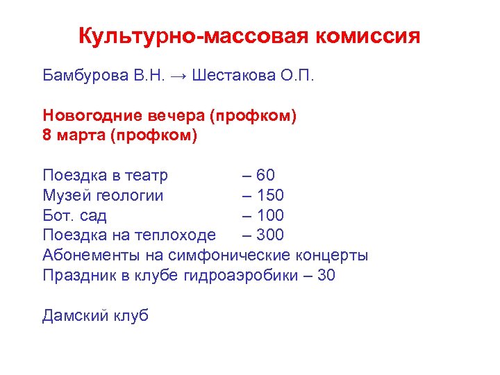 Культурно-массовая комиссия Бамбурова В. Н. → Шестакова О. П. Новогодние вечера (профком) 8 марта