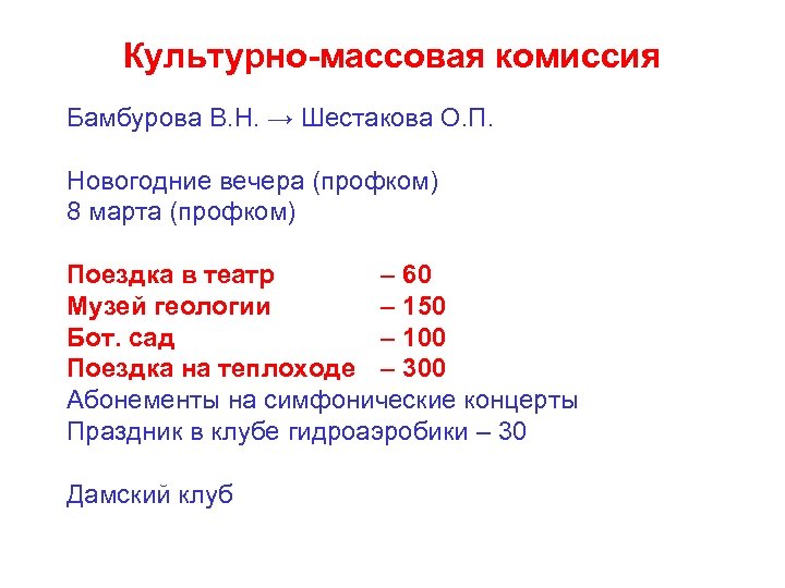 Культурно-массовая комиссия Бамбурова В. Н. → Шестакова О. П. Новогодние вечера (профком) 8 марта