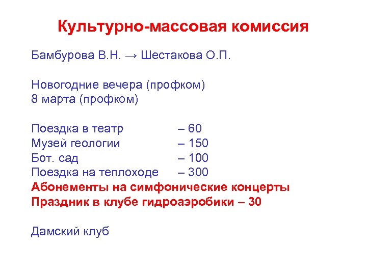 Культурно-массовая комиссия Бамбурова В. Н. → Шестакова О. П. Новогодние вечера (профком) 8 марта