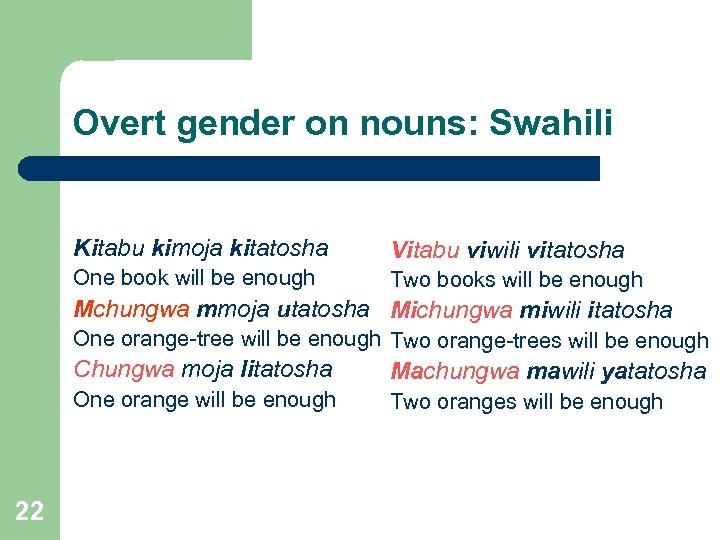 Overt gender on nouns: Swahili Kitabu kimoja kitatosha Vitabu viwili vitatosha One book will