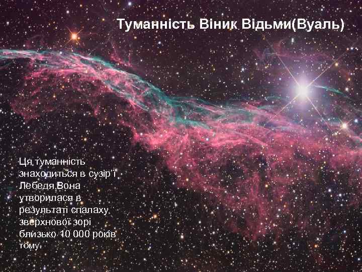Туманність Віник Відьми(Вуаль) Ця туманність знаходиться в сузір’ї Лебедя. Вона утворилася в результаті спалаху