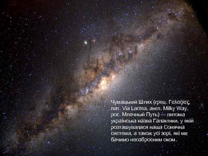 Чума цький Шлях (грец. Γαλαξίας, лат. Via Lactea, англ. Milky Way, рос. Млечный Путь)
