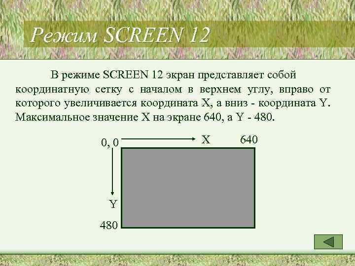 Режим SCREEN 12 В режиме SCREEN 12 экран представляет собой координатную сетку с началом