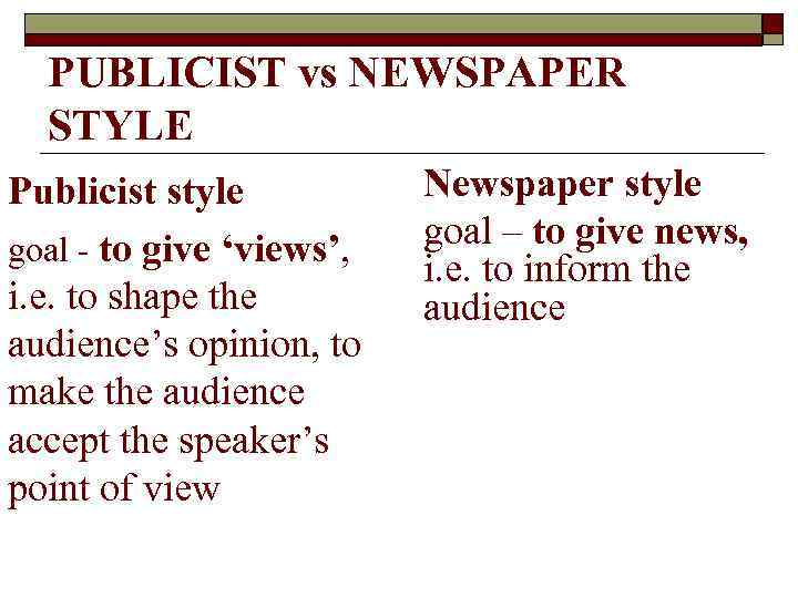PUBLICIST vs NEWSPAPER STYLE Publicist style goal - to give ‘views’, i. e. to
