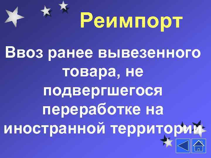 Реимпорт Ввоз ранее вывезенного товара, не подвергшегося переработке на иностранной территории 