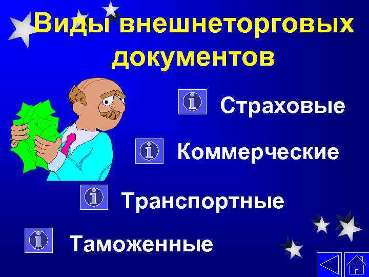 Виды внешнеторговых документов Страховые Коммерческие Транспортные Таможенные 